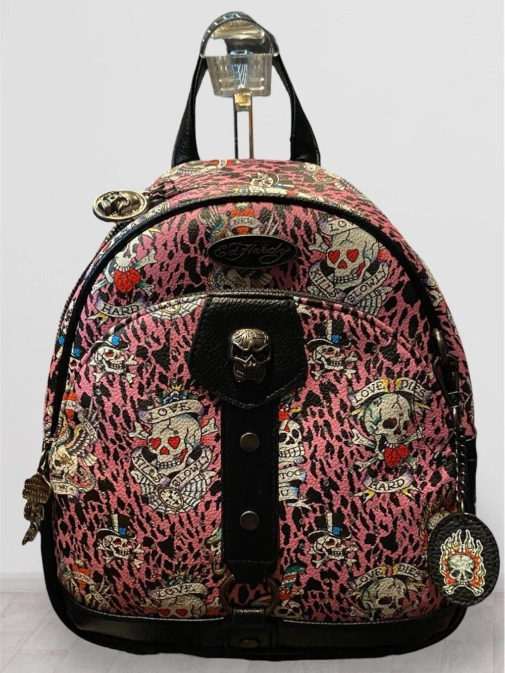 Ed Hardy Pink Leopard Print Tattoo Art Skulls Backpack Bag NWT​